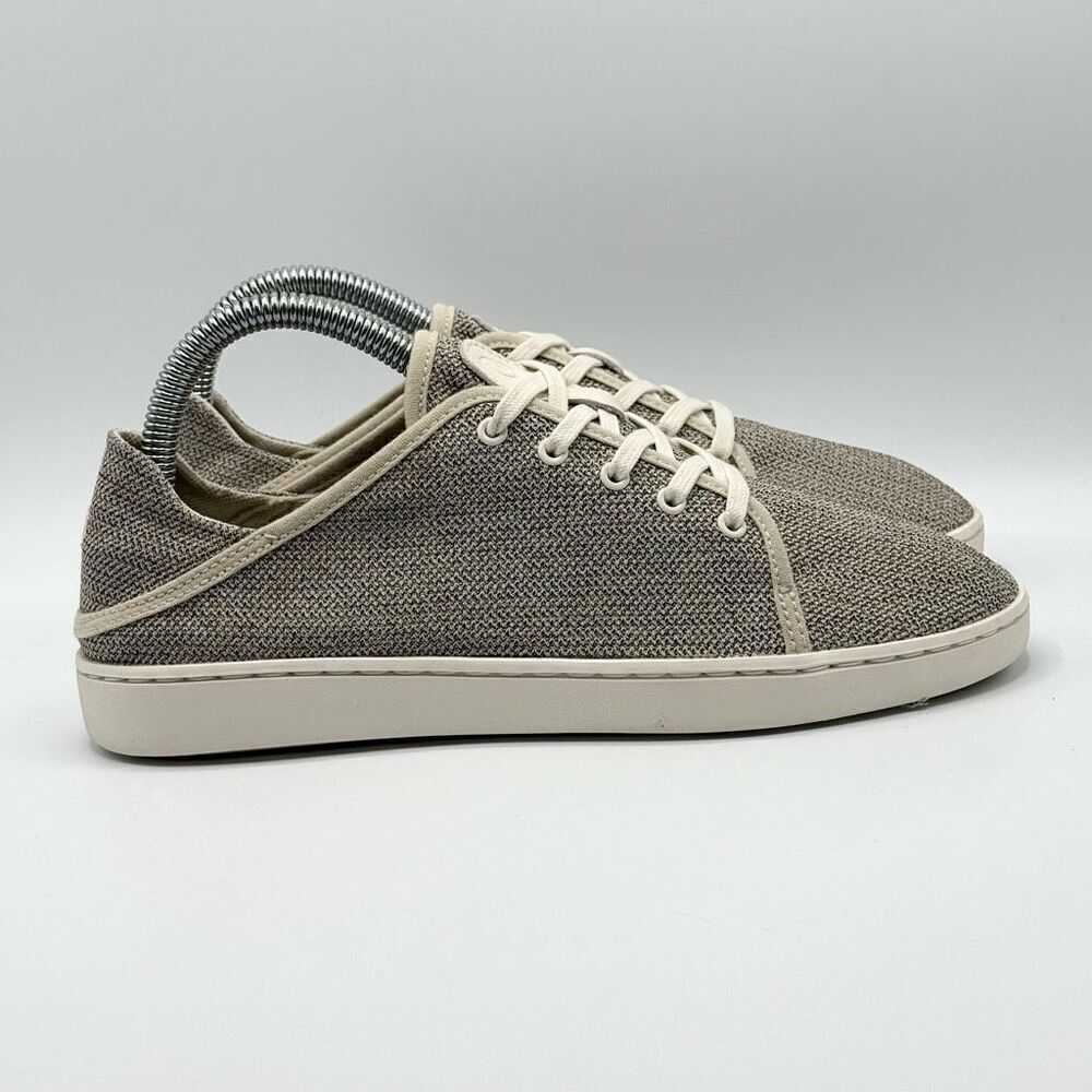 OluKai Pehueali Slip On Lace Up Beige Canvas Print Sneakers - Women’s US 7 / EU